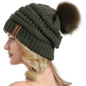 Women Dark Olive Soft Acrylic Thick Baggy Knit Winter Faux Fur Pompom Beanie